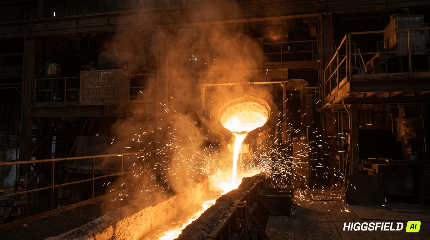 Molten iron being poured on the foundry floor
